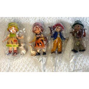 Vintage Boy & Girl Floral Picks 4-Piece Set 3” Hand-Painted Figurines Hong Kong